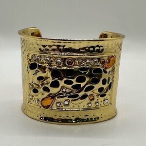 Lilly Pulitzer Hammered Goldtone Crystal Leopard Green Eyes Enamel Cuff Bracelet